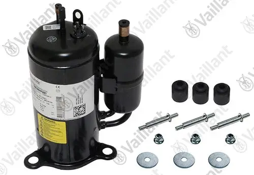 Vaillant Kompressor in schwarzer Ausführung mit Anschlüssen, Druckventil und Zubehörteilen wie Gummipuffern und Schrauben, zur Verwendung in Heiz- und Kühlsystemen.
